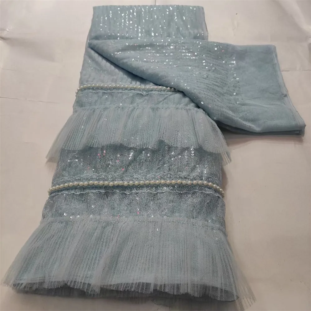 

2021 New Blue Beads French Net Lace Fabric 5Yards African Tulle Mesh Material Sequins Women Cloth For Sewing Evening Dress DN13