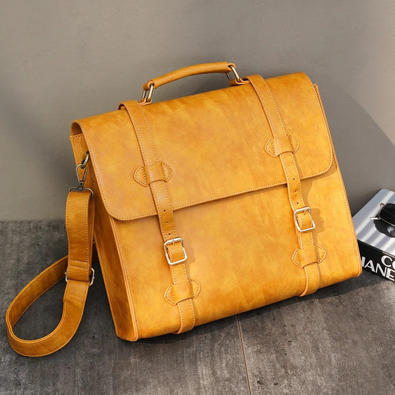 

Retro Crazy Horse Leather Satchels for Men Fashion Business Briefcase Large Capacity Laptop Shoulder Crossbody Handbag Trendy