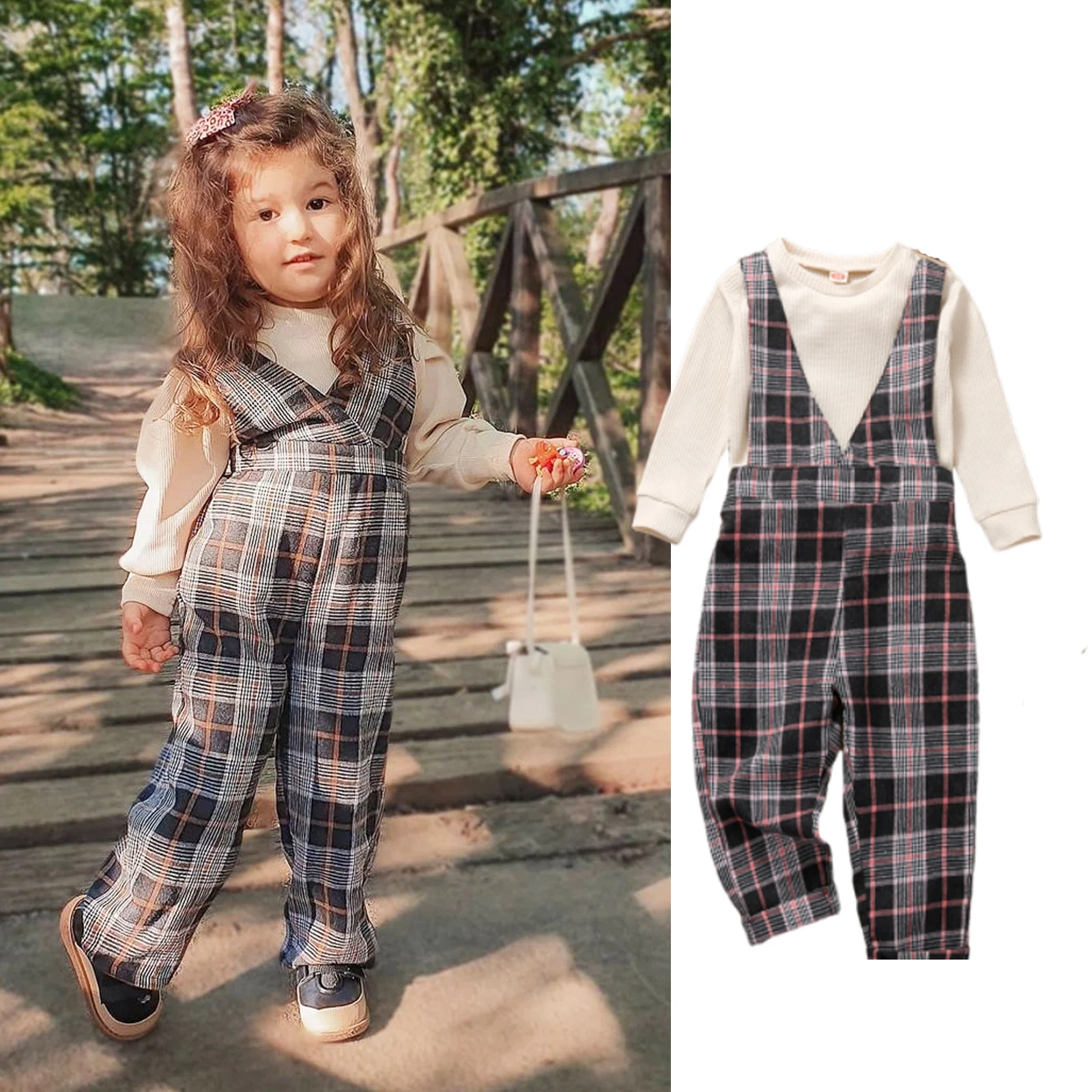 

Baby Girl Clothes Sets Solid Pullover Top Plaid Bib Pants Overalls 18M-6Y Toddler Kids Spring Fall Casual Cotton Outfits 2021