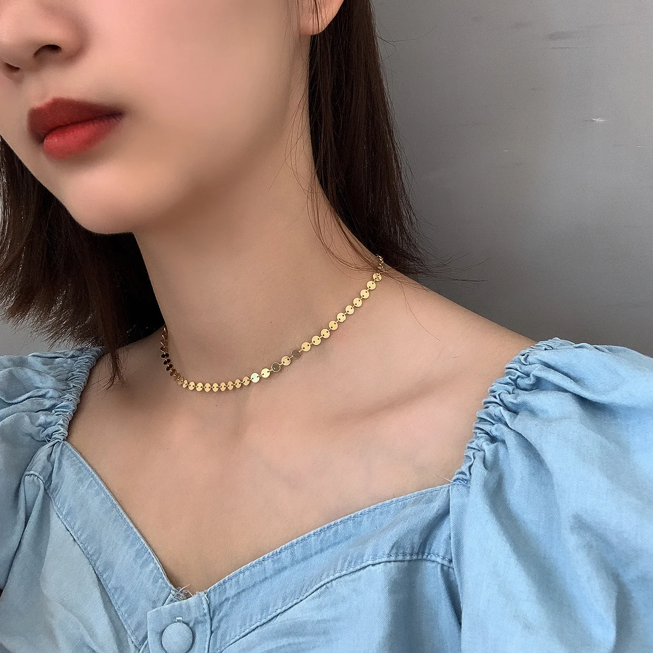 

South Korean Version of the Ornament 925 Sterling Silver round Gold Necklace Simple Minimalist Chocker Clavicle Chain Short