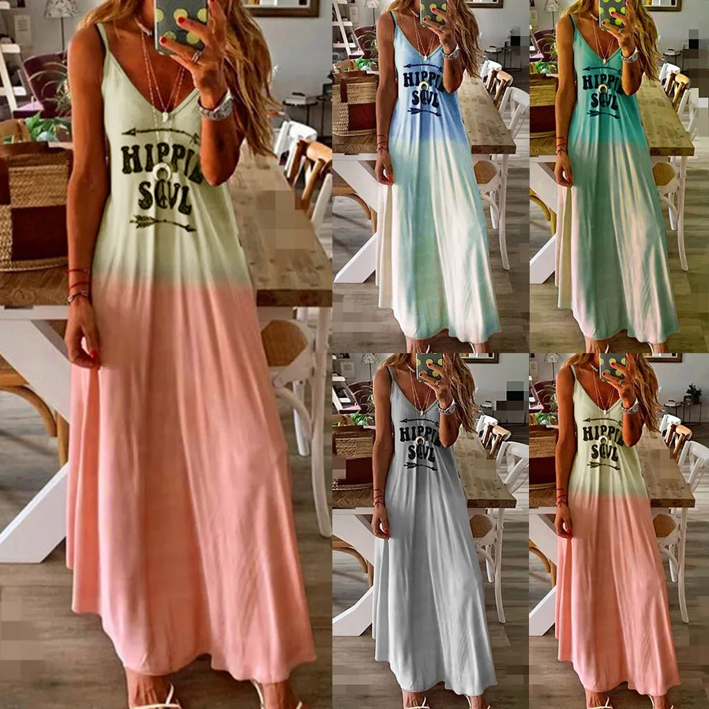 

S-6XL Multicolor Women's Plus Size Letter Sleeveless Gradual Print Long Dress Maxi Dress Letter printing Casual home skirt F4