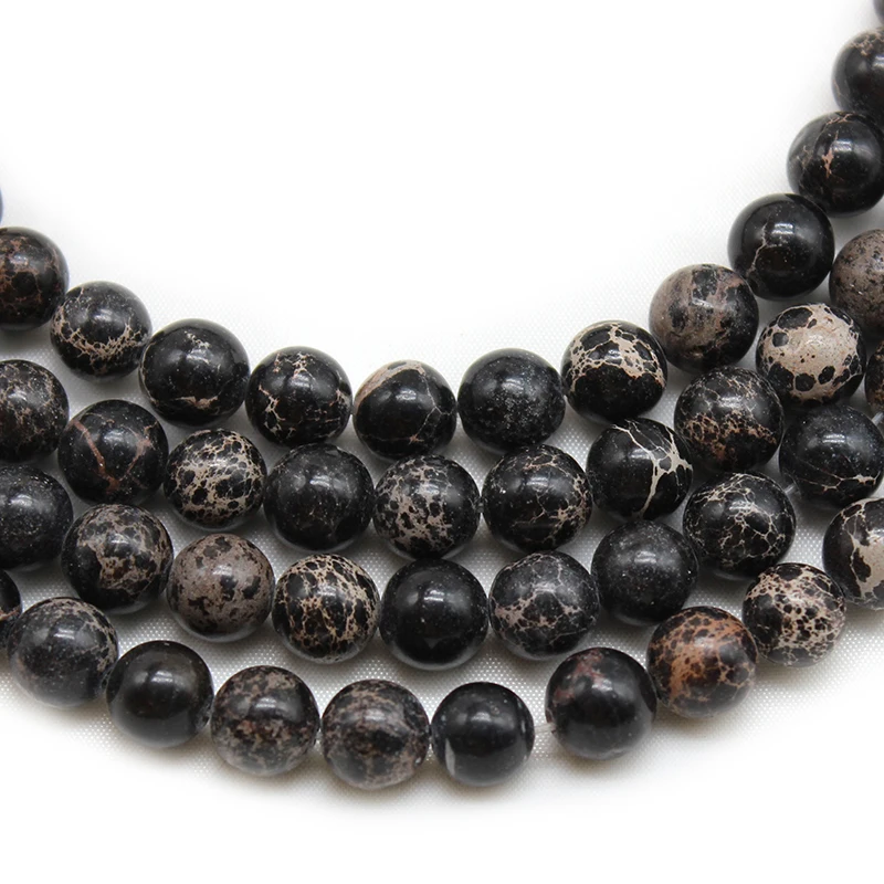 

Natural Stone Black Imperial Jaspers Sea Sediment Turquoises Round Loose Beads For Jewelry Making 4 6 8 10 12MM Pick Size 15"