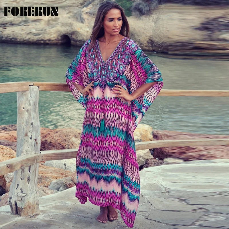 Женское пляжное длинное платье-кафтан с принтом FORERUN туника v-образным вырезом