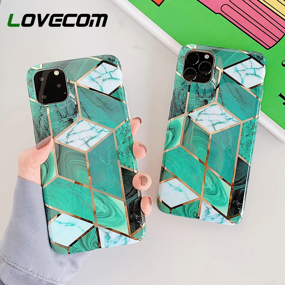 Зеленый геометрический чехол для телефона с мраморным кольцом и подставкой iPhone 11