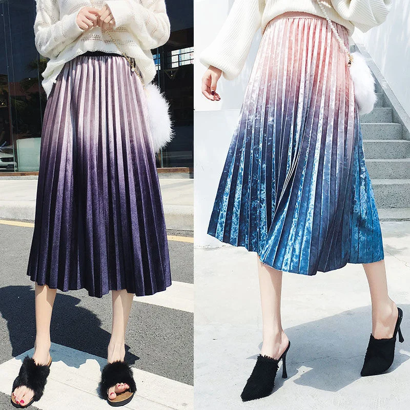 

Autumn and Winter Gradient Color Gold Velvet Skirt Pleated High Waist Long Woman s Mujer Faldas Saias Mulher