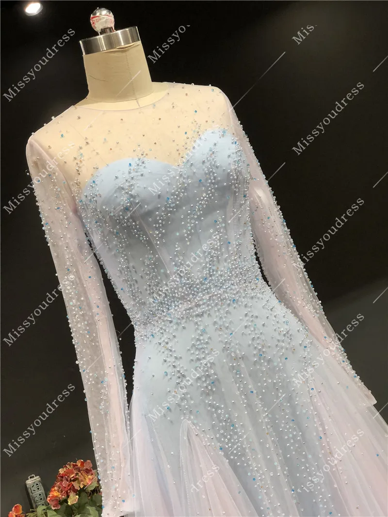 Vestidos de fiesta 2021 Real Pictures Sky Blue Pink Heavy Beads Long Sleeves Floor Length Formal Party Prom Evening Dresses