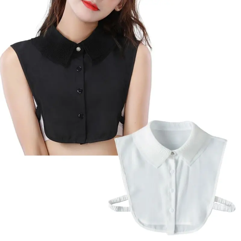 

Womens Layered Wrinkled Chiffon Lapel Fake Collar Rhinestone Button Half Shirt XX9D