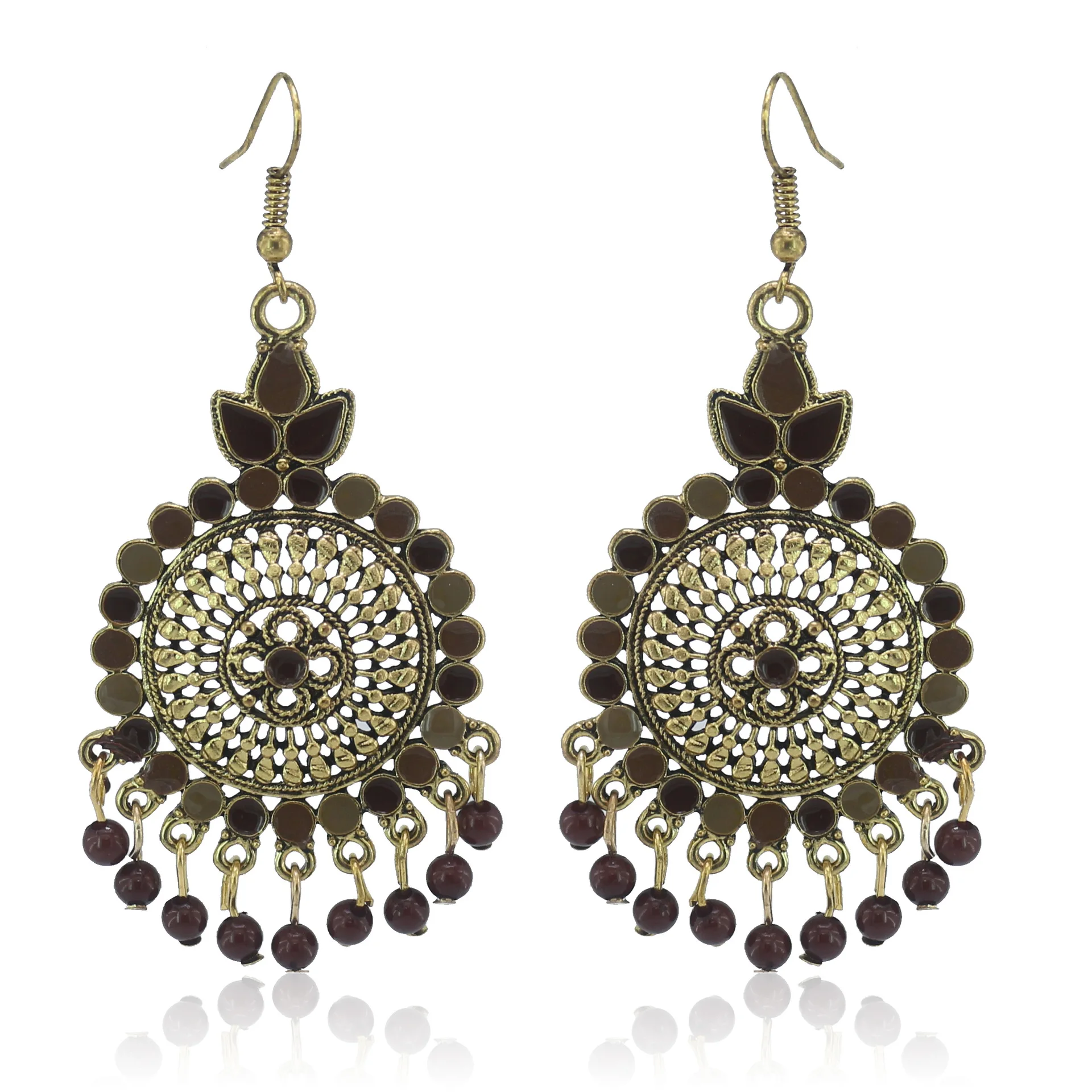 

Middle Eastern exotic earrings hand-carved floral-encrusted mirror hanging ballpoint earrings multi-layered carved earrings