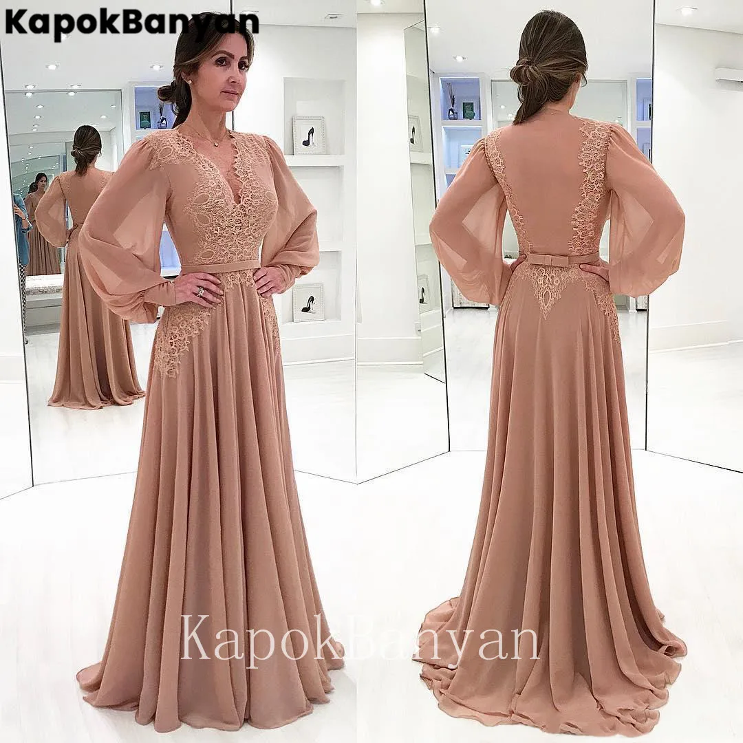 

Puff Sleeves V-neck Long Chiffon Formal Evening Dress Elegant Gown for Woman