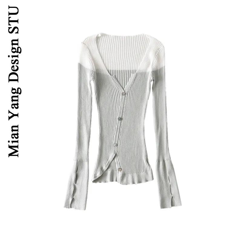

Pure Desire Contrast Color Fit Sweater Dignified Goddess Mesh See-through Pullover Niche Retro Irregular Sweater