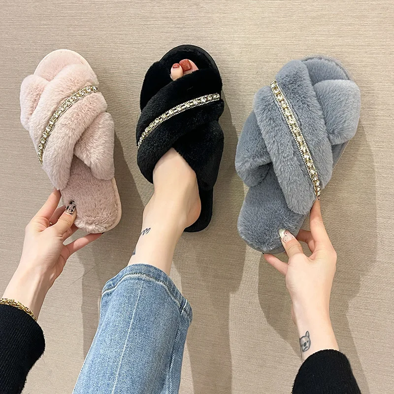 

Fashion Slippers Indoor Outdoor Women Rhinestone Cross Non-slip Open Toe Flat Warm Winter Slipper Shoes Bedroom Home Plush Shoes