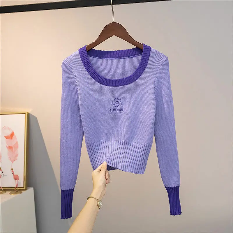 

Zoulv 2021 Spring Base Crop Sweater Sexy Knitted Sweater Tops Letter Embroidery Women Short Jumper O-Neck Long Sleeve Pullovers