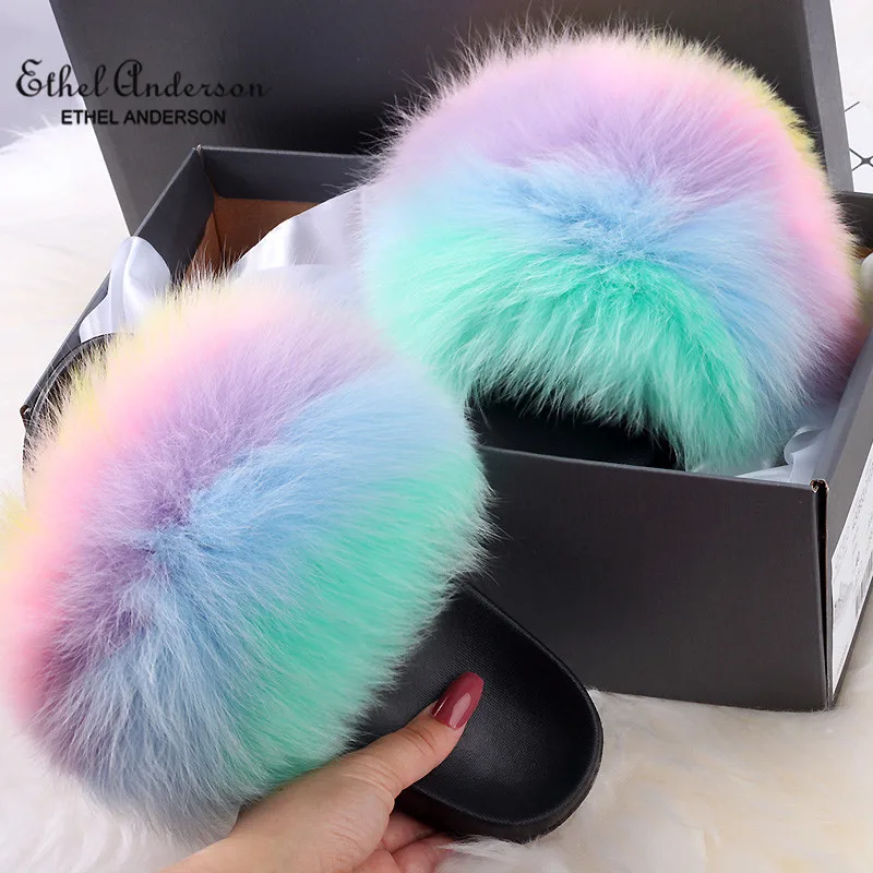 Real Fox Fur Slippers New Rainbow Colors Slides Lady Furry Sandals Fluffy Plush Shoes Flip Flops Women's Summer | Обувь