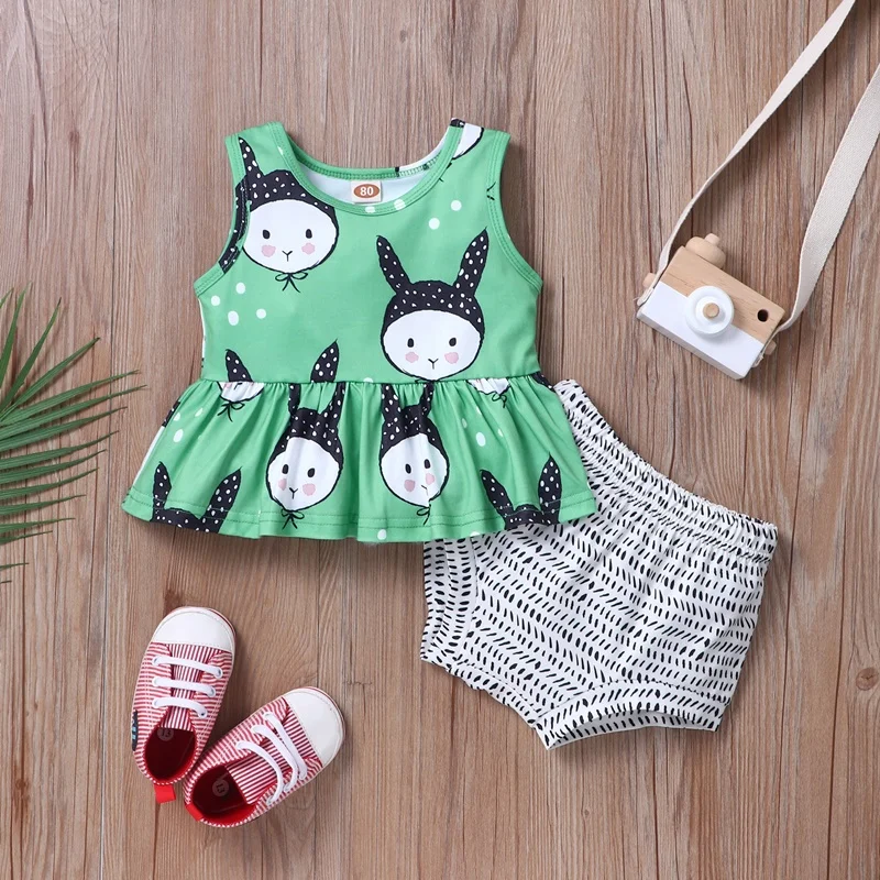 

2021 Newborn Baby Clothes Baby Sets 2 Pcs Cute Cartoon Rabbit Print Sleeveless Tops+Briefs Baby Clothes Baby Girl Clothes 0-18M