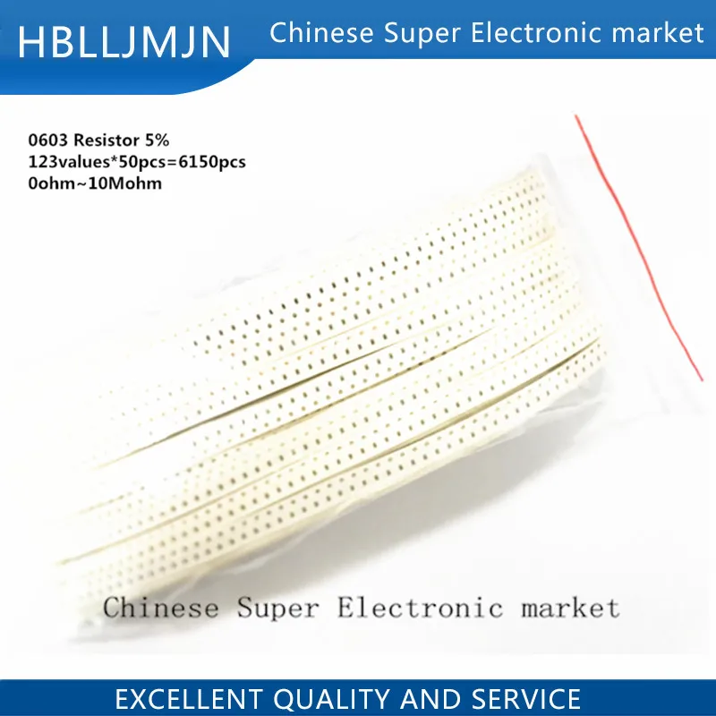 SMD 1608 (0603). Комплект резисторов 5% 123 значений * 50 шт. = 6150 0 Ом ~ 10 МОм чиповый резистор