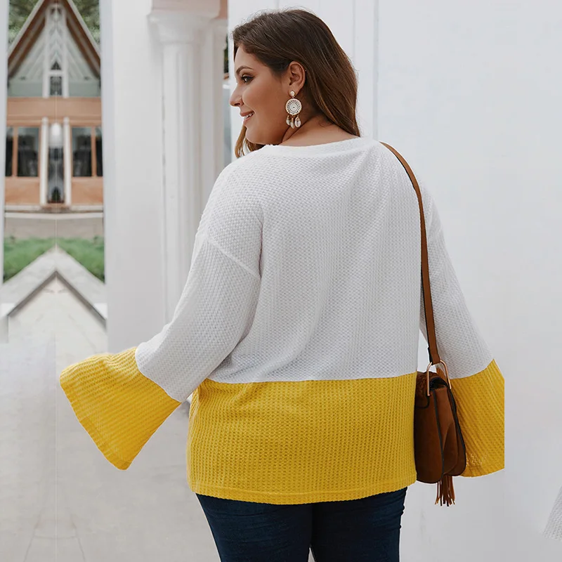 

Plus Size 2021 New Autumn Women Patchwork Casual Top Base All Match For Ladies O Neck Long Sleeve Knitted 4XL Blouses