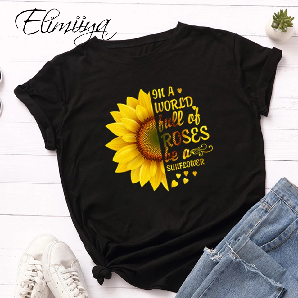 

Elimiiya Graphic Tee Summer Sun Flower print O-Neck Short Sleeve Losse T Shirt Women Oversize tshirts Cotton Tshirt Plus Size