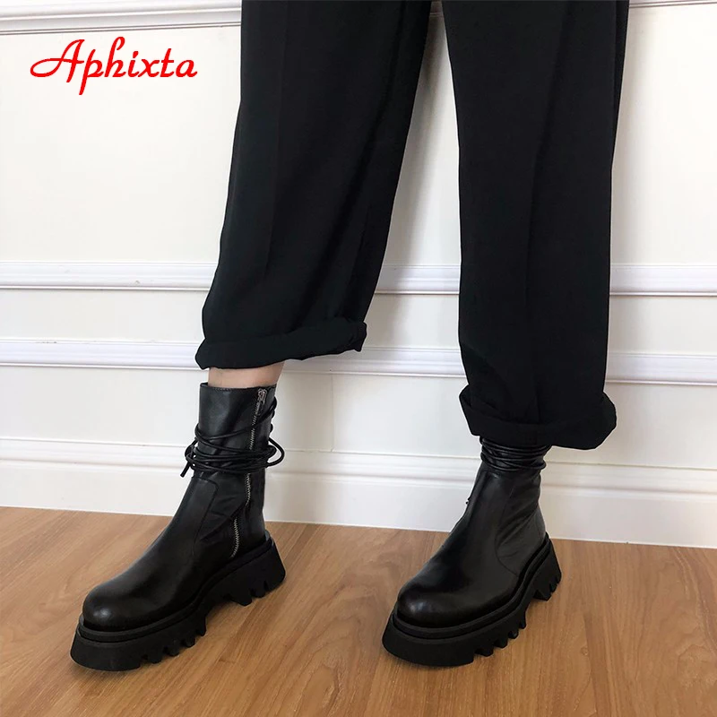 Женские ботинки Aphixta на массивном каблуке Модные Черные ботильоны с круглым