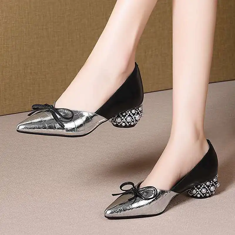 

Thick Heel Single Shoes Woman MID Heels Women 2022 Autumn Work Shoe Female Footware Soft Leather Bowtie Pointed Toes SILVER