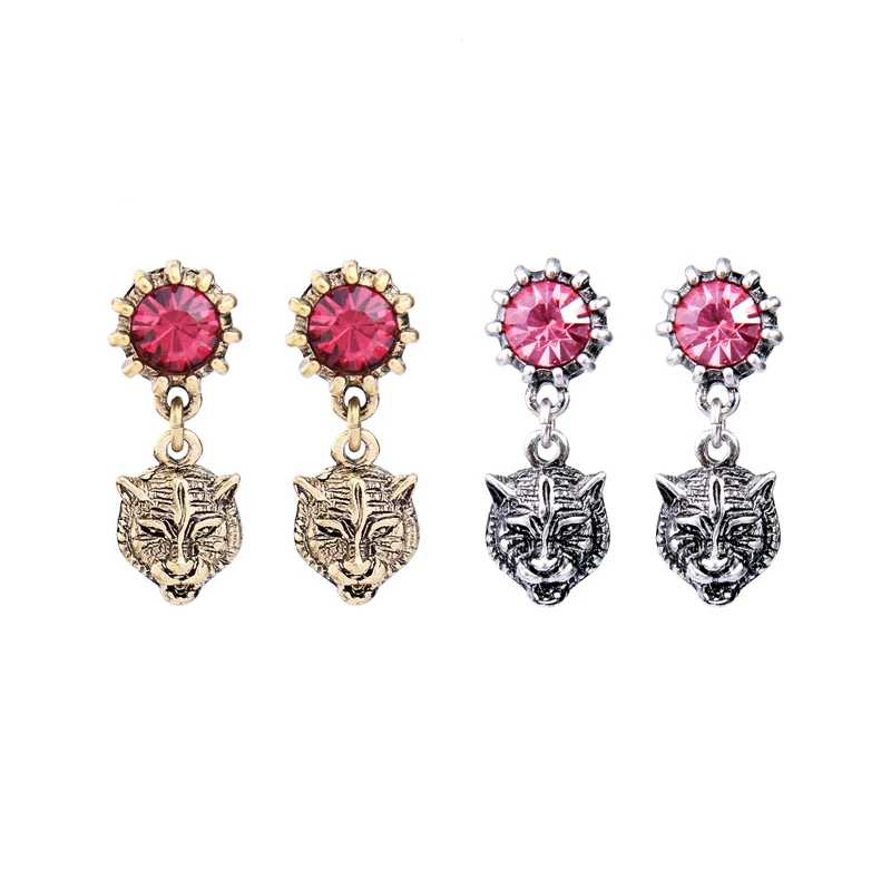 Женские винтажные сережки-подвески с леопардовой головкой красные сережки