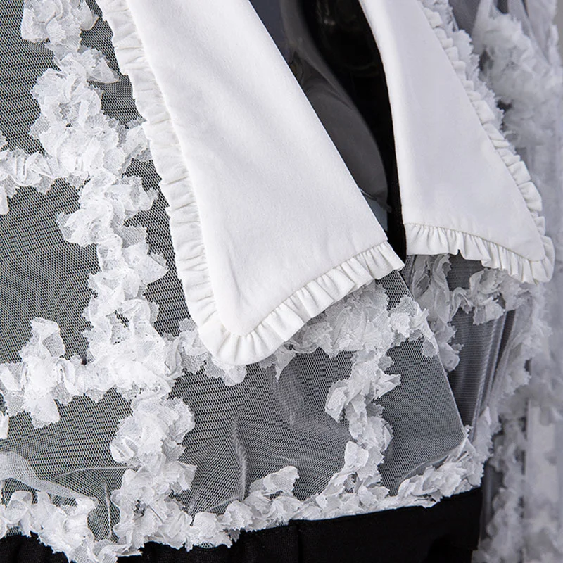 

DEAT Women black ruffles lace patchwork Blazer New V-neck Long Sleeve Loose Fit Jacket Fashion Tide Autumn Winter 2021 7D001241