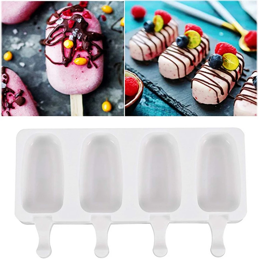 

Silicone Ice Cream Mold 4-Cavity Big Ellipse Shape DIY Homemade Popsicle Moulds Dessert Ice Pop Lolly Maker Reusable Tools