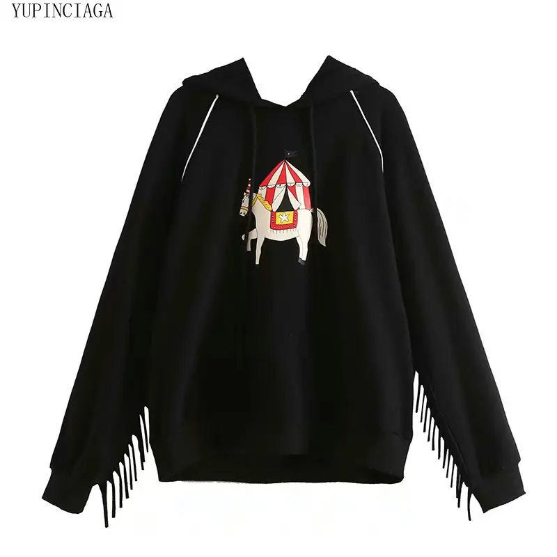 2020 Women's Harajuku Cartoon Trojan Print Hoodies Sweatshirts With Tassel Sweet Style Loose Long Sleeve Girl Casual Pullovers