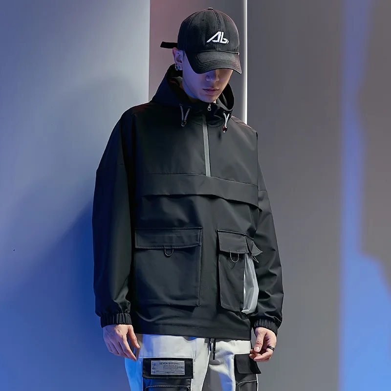 

Harajuku Pullover Jackets Men Half Zipper Multi-Pocket Hoodie Jacket Men Autumn Korean Hip-Hop Streetwear Loose Hoodies Jackets
