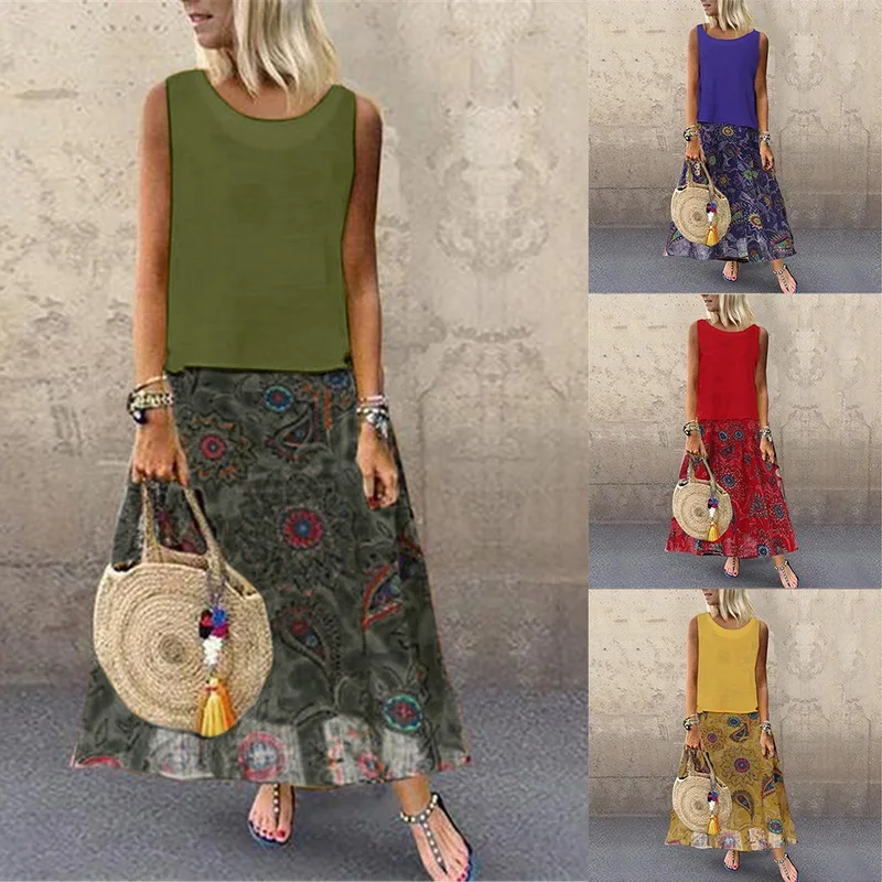 Женский модный летний комплект платья без рукавов размера плюс 2 предмета