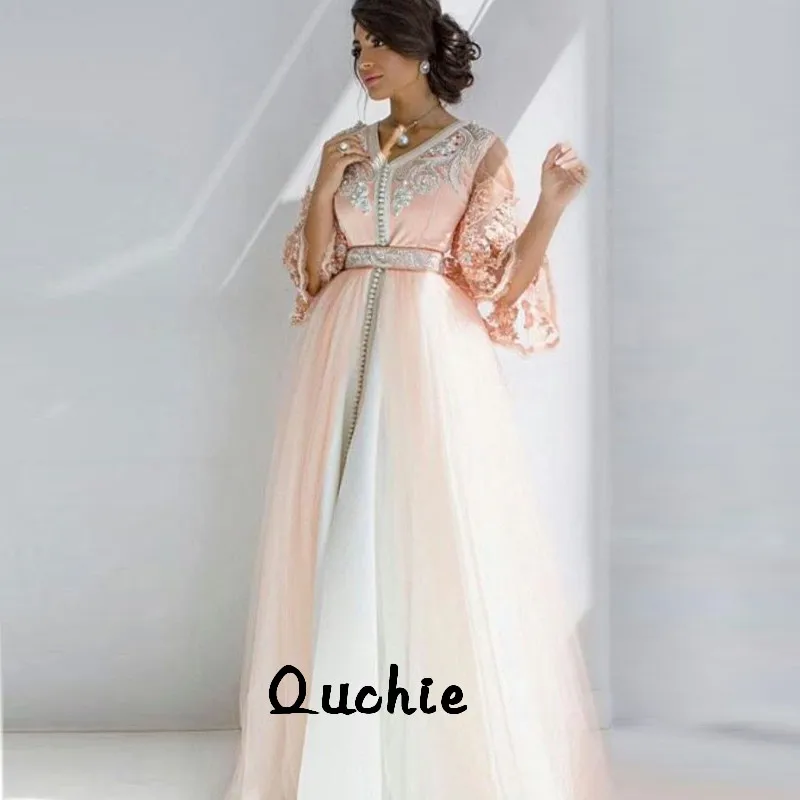 

Peach Tulle Moroccan Kaftan Evening Dresses Three Quarter Appliques Sashes Arabic Muslim Special Occasion Formal Party Gown