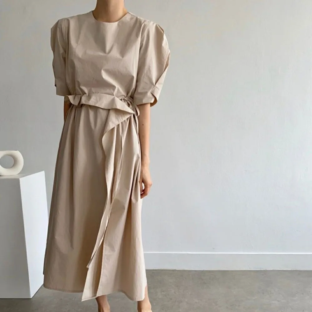 

2021 Summer New Simple Retro Lace Solid Color Puff Sleeve Round Neck Women's Dress Temperament Korean Fashion Casual