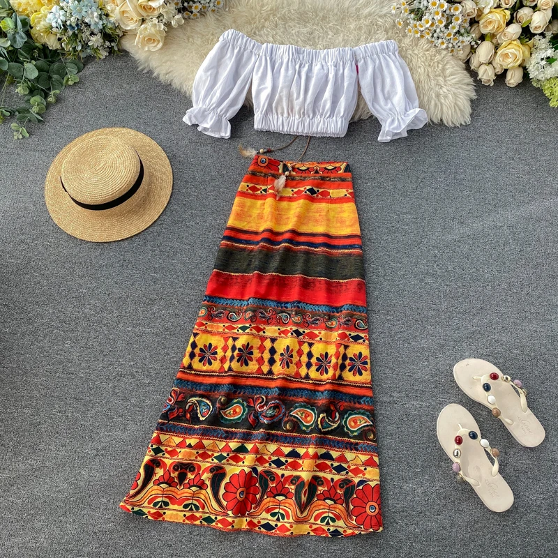 Женский пляжный комплект из двух предметов топ с открытыми плечами и длинная