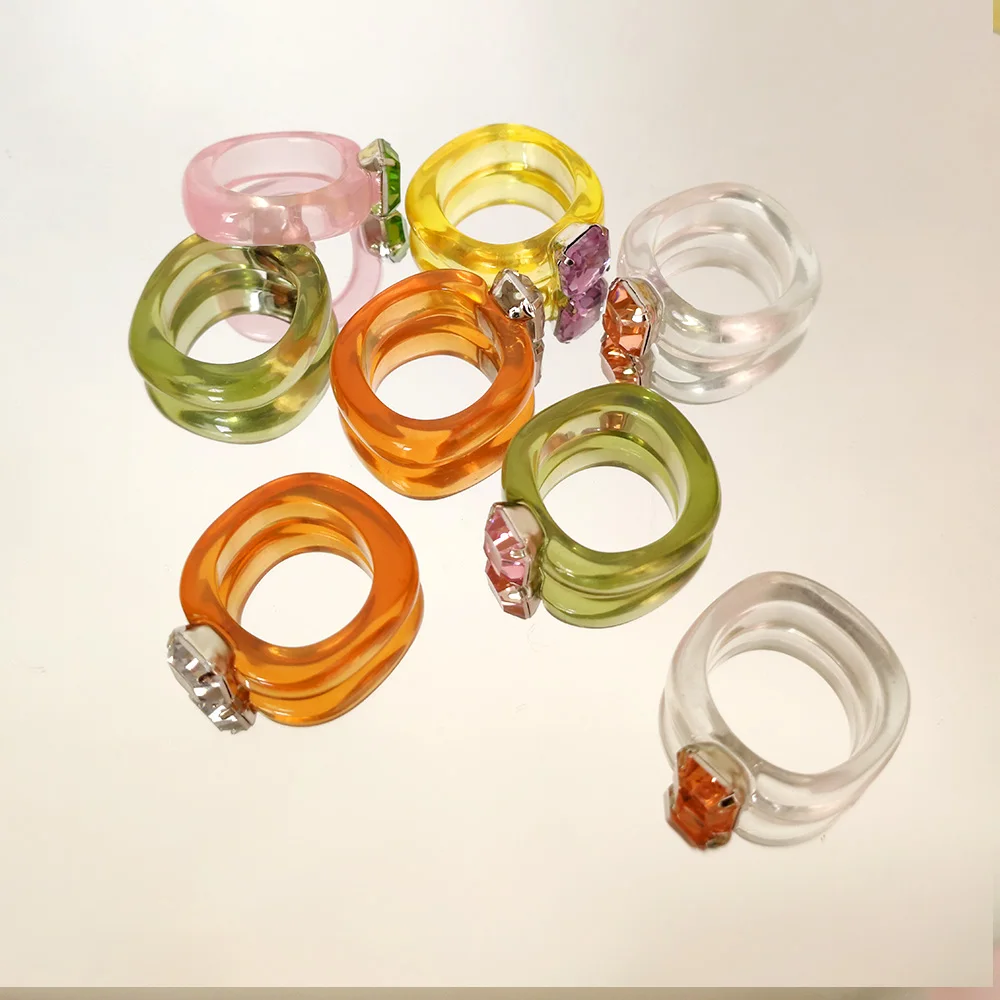 

JUST FEEL High Quality Colorful Fashion Resin Rings for Women Irregular Round Geometric Rhinestone Rings 2021 Trendy New Jewelry