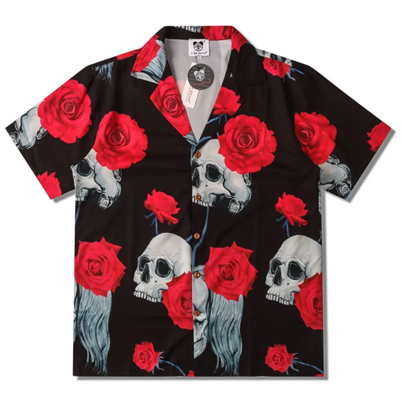 

Skull Rose Printed Shirts Summer Short Sleeve Hip Hop Hawaiian Beach Fashion Unisex Streetwear Harajuku Korean Loose Shirts