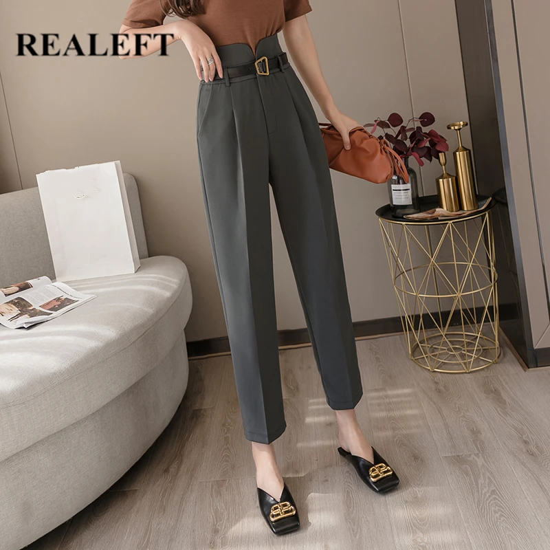 

REALEFT 2020 New Spring Korean OL Style Women Formal Harem Pants with Belt High Waist Elegant Office Lady Ankle-Length Pants