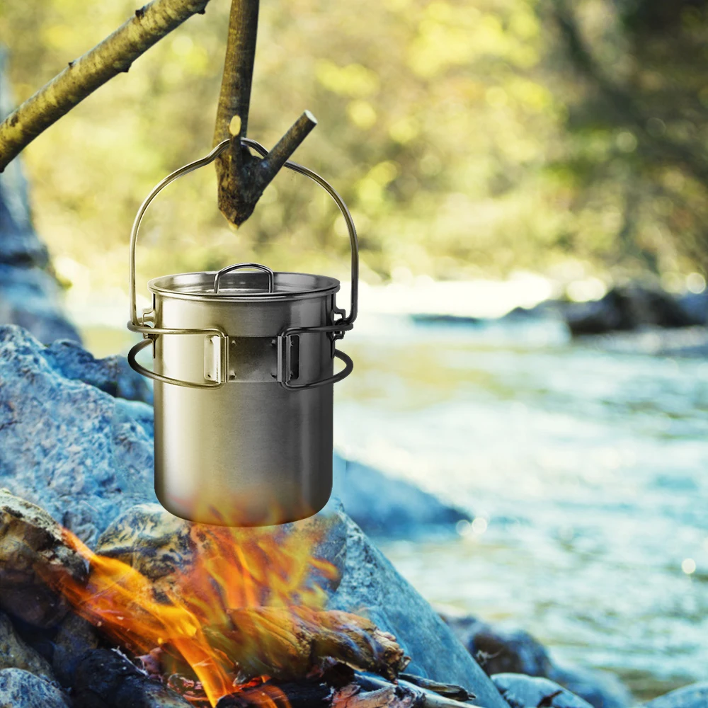 

Camping Pot Portable Outdoor Stainless Steel Camping Mug Water Cup with Foldable Handle Camping Equipment Cookware