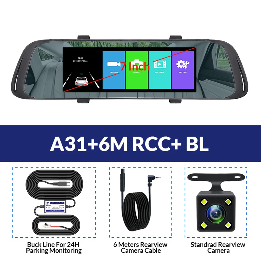 A31-6M RCC-BL E-ACE 7,0 дюймов сенсорный Автомобильный видеорегистратор зеркало FHD 1080P видео рекордер Авто регистратор тире камера двойной объектив с камерой заднего вида - Название цвета: A31-6M RCC-BL
