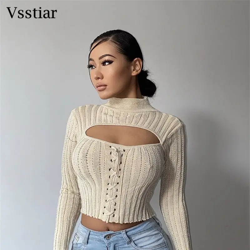 

Vsstiar Drawstring Women's T-Shirt Long Sleeve Open Chested Hollow Out Fashion Knitted Top Autumn Winter New Elegnt Slim Cropped