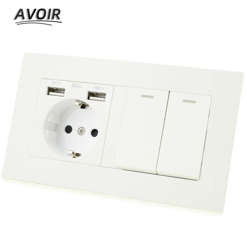 

Avoir DE EU Plug Socket Dual USB charging 1/2/3/4 Gang 1 2 Way Button Switch Lamp Light Switch PC Panel Double Socket