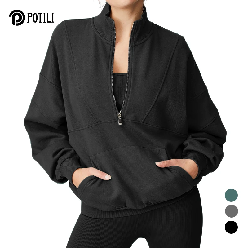 

POTILI Women Sweatshirts Loose Streetwear Top Autumn Winter Zipper Pullover Solid Pocket Harajuku Female Hoody Women Clothing