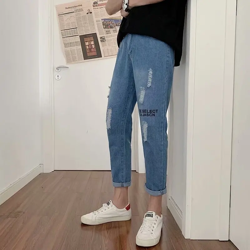 Мужские рваные джинсы в гонконгском стиле повседневные свободные укороченные