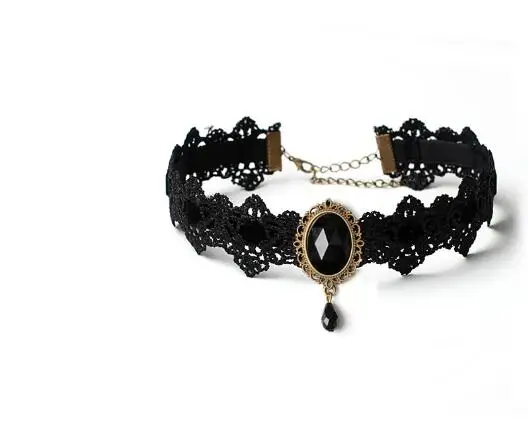 Шокер-ожерелье для женщин из сапфирового оникса "Геометрический капельный" классического винтажного готического стиля с кристаллами кружева черного, красного и синего цветов.