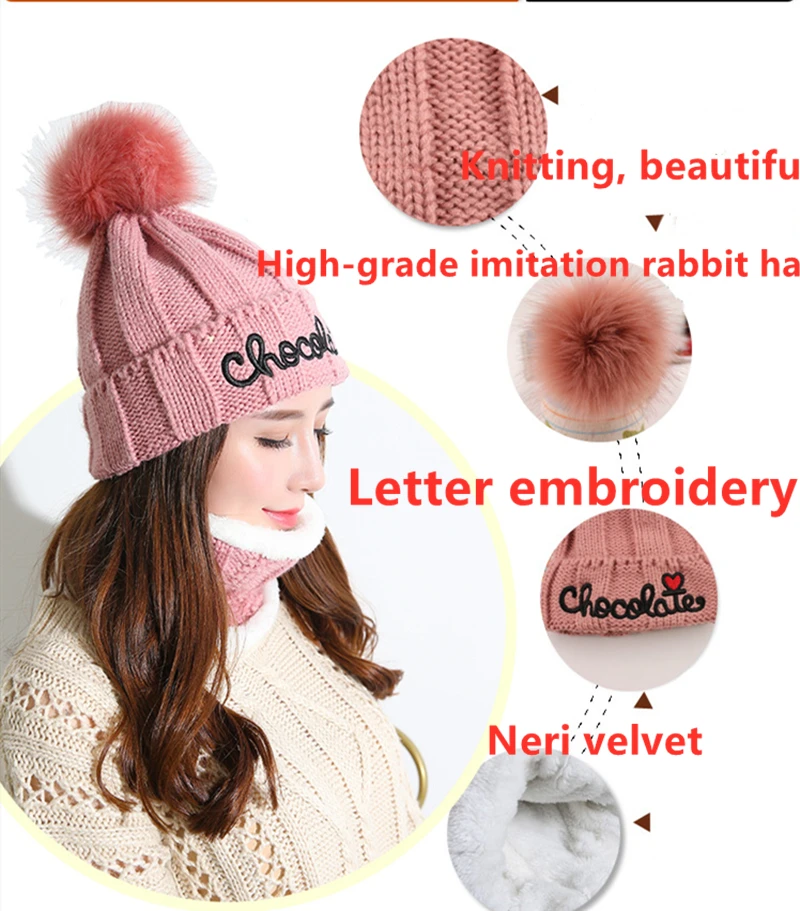 Модная зимняя шапка шарф Набор для женщин теплая бини девочек кольцо помпоны