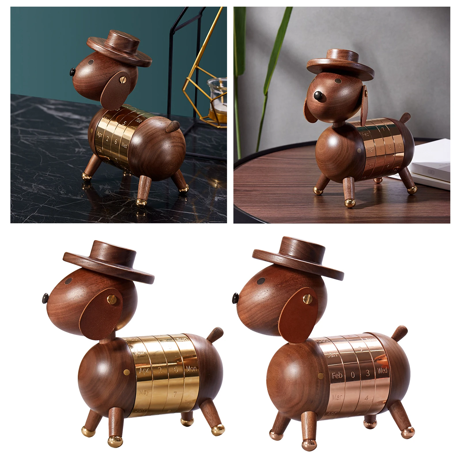 

European Wood Dog Shaped Calendar Head Rotatable Gifts Toys Decor Sculptures