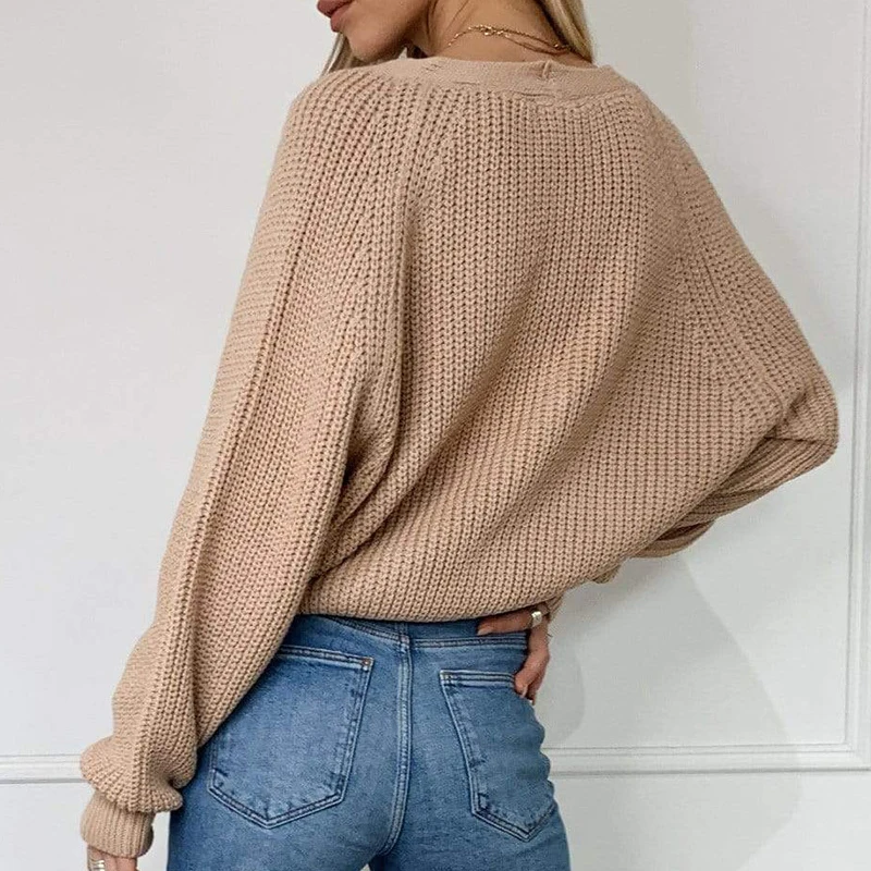 

Woman Knitted Sweater Autumn Loose Casual Cardigan Tops Solid Color Button Winter V Neck Lantern Sleeve Sweaters Streetwear