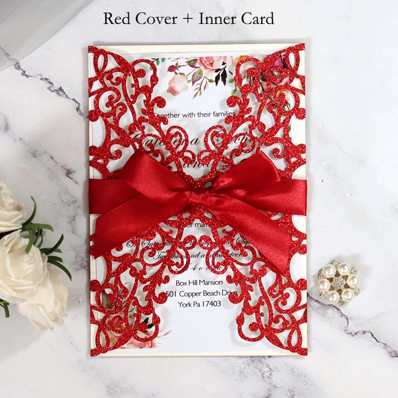 Red Cover Insert 1 шт. золотисто-синяя Серебристая блестящая бумага лазерная резка свадебные пригласительные открытки с лентой индивидуальный Свадебный декор вечерние принадлежности - Цвет: Red Cover Insert