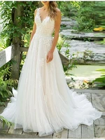 vestidos elegantes para mujer backless wedding dresses a line v neck tulle appliqued cheap boho wedding gown bridal dresses