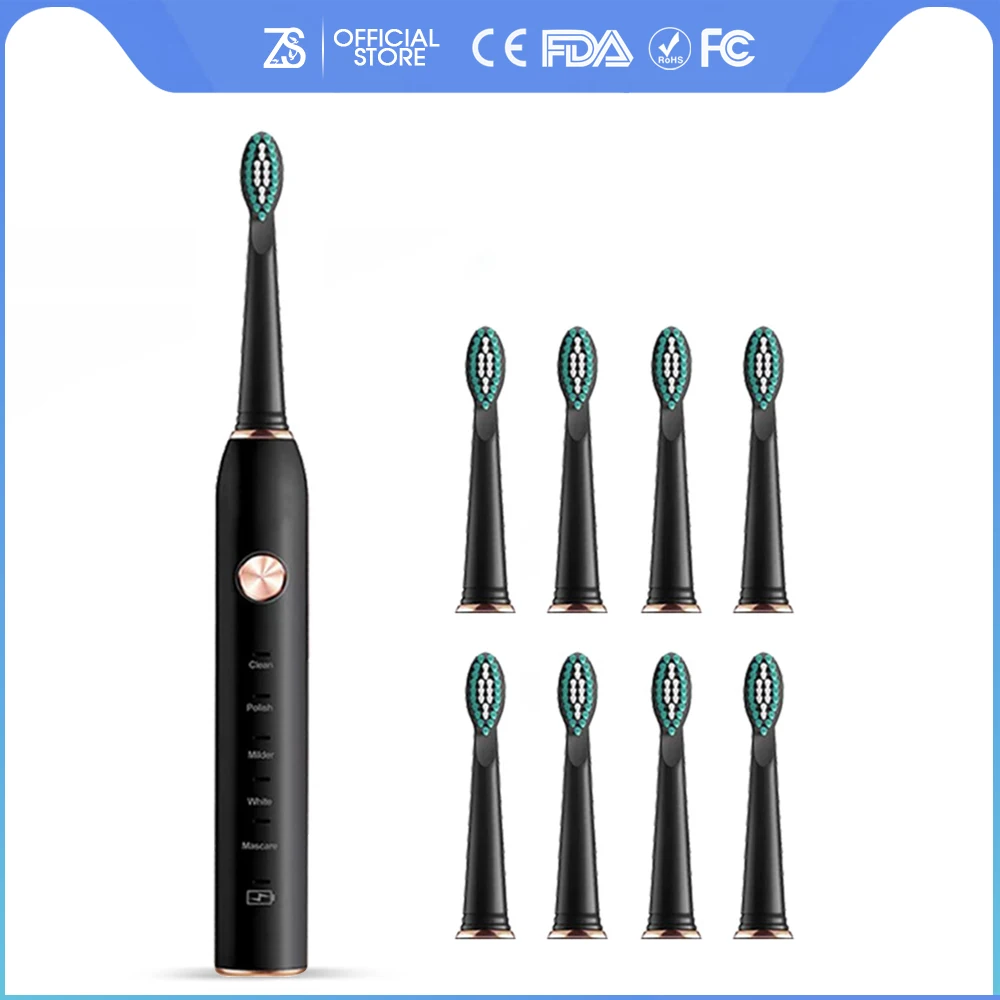 

[ZS] 5 Modes Smart Timer Quiet IPX7 Washable Rechargeable Massage Gums Sonic Electric Toothbrush With 8 Brushes Replacement Head