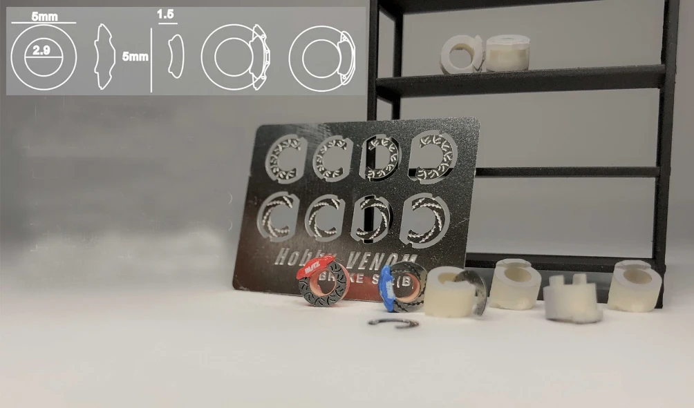 8 штук (для 2-х автомобилей) Модельная машина Хобби VENOM с модифицированными дисками колес и тормозными суппортами из металлического гравировального листа на водной основе для игрушечных автомобилей масштаба 1:64.