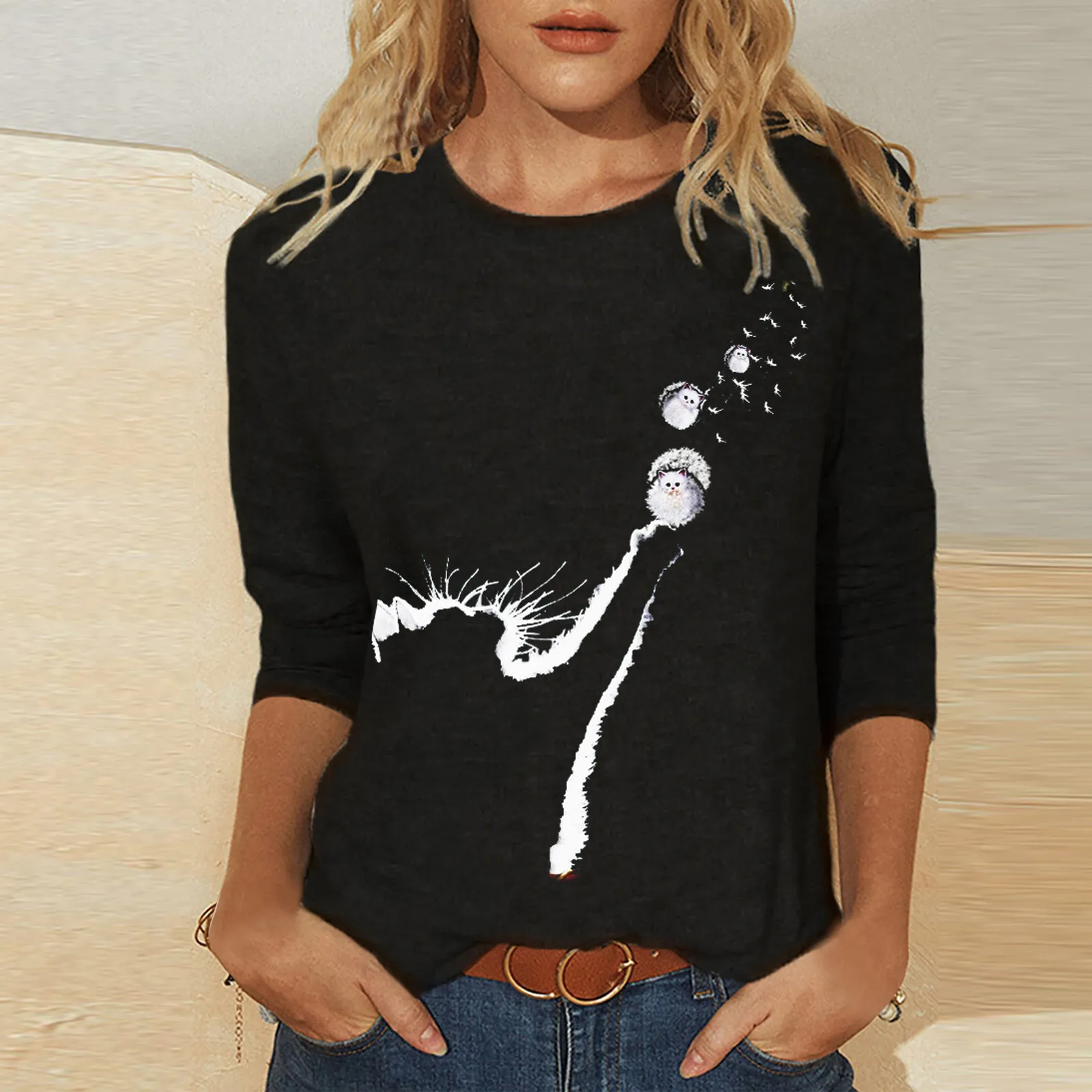 

# Sweaters For Women Fashion Women Casual Long Sleeve Cat Printing O-neck Shirt Blouse Top Pullover Women